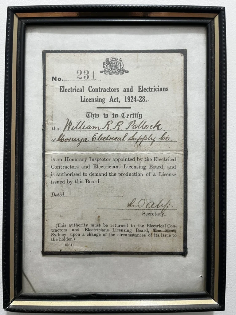 Framed historical Electrical Contractors and Electricians Licensing Act certificate from the Moruya Electrical Supply Co collection