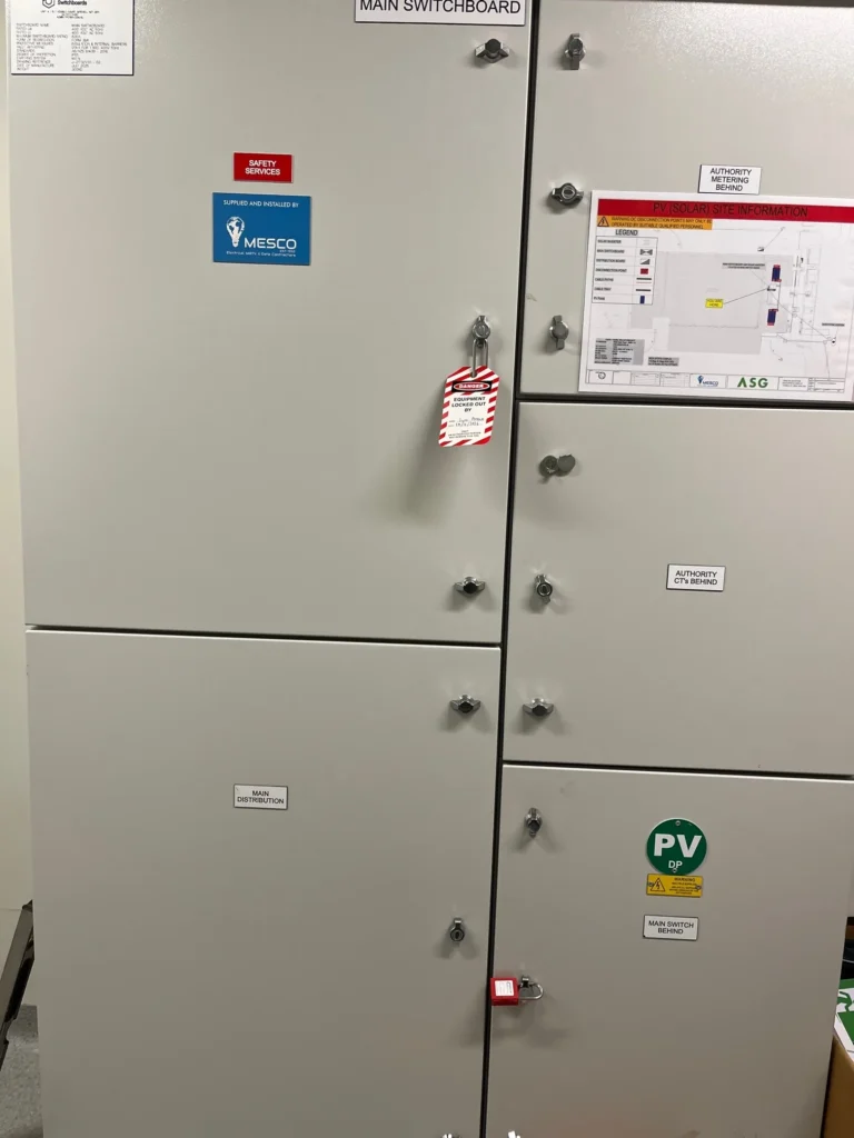 Labelled electrical cabinet at Bega Sports Complex