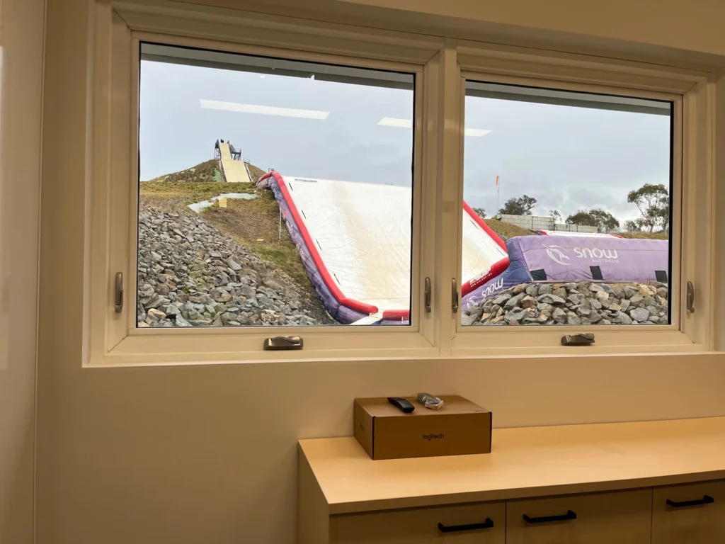 Training ramps viewed through a facility window