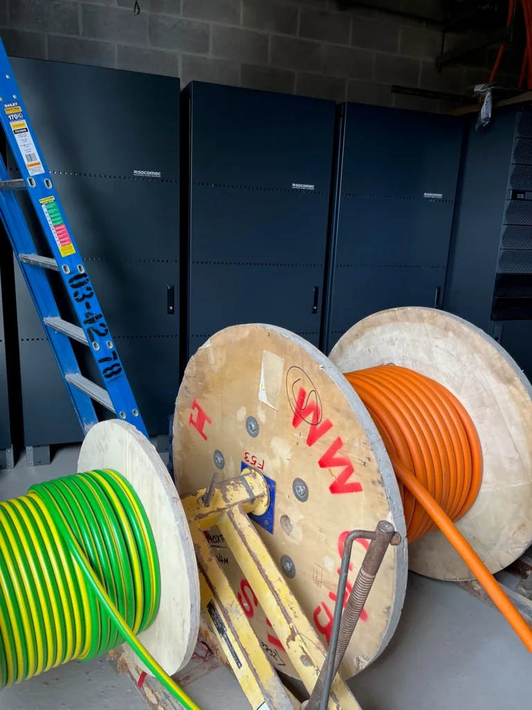 Cable drums in a hospital electrical services room